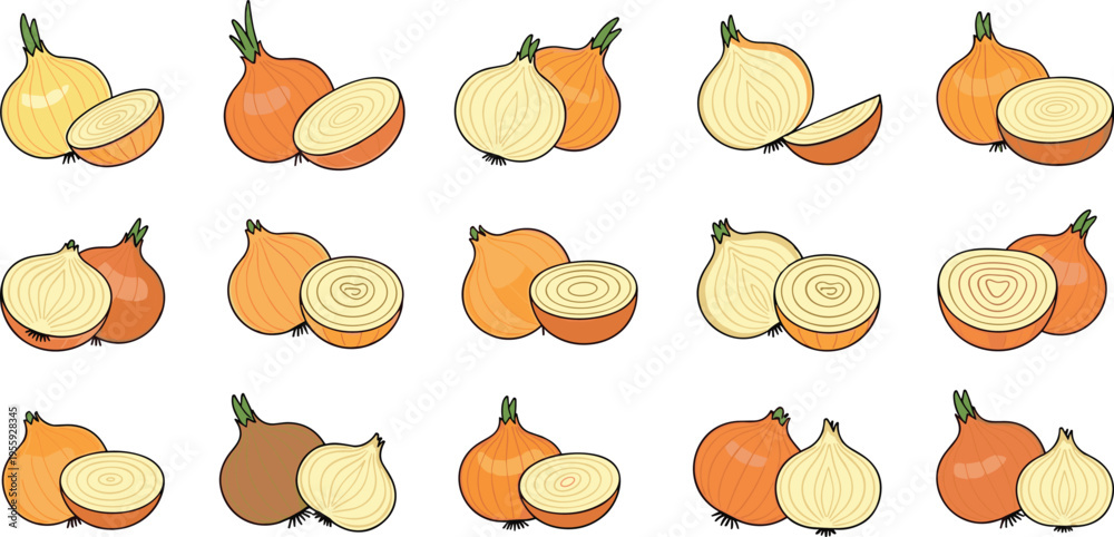 Fototapeta premium Onion Illustration Set with Whole and Cut Vegetables in Various Shapes for Cooking, Kitchen Ingredients, Organic Food, and Agricultural Design Projects