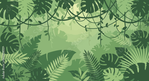 Lush Green Tropical Jungle Foliage Background with Overlapping Leaves and Hanging Vines Creating a Dense Forest Canopy.