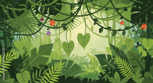 Vibrant animated tropical jungle scene showcasing an abundance of diverse green foliage, intertwining vines, broad leaves, and delicate colorful