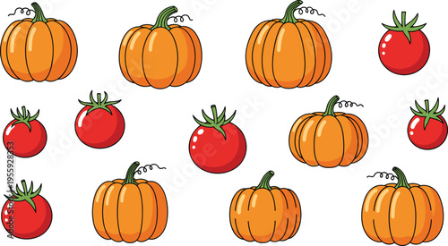 Hand Drawn Pumpkin and Tomato Vector Set with Fresh Vegetable Illustrations for Autumn Harvest, Organic Food, Farming, and Seasonal Design Projects