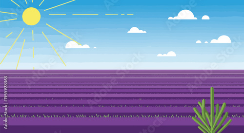 A charming illustrative landscape featuring expansive purple fields bathed in warm sunlight under a clear blue sky with soft white clouds evoking