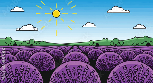 Vibrant cartoon lavender field under a bright sunny sky with fluffy clouds and distant green hills, an idyllic and peaceful natural landscape scene