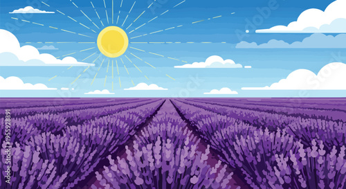 Vivid illustration of blooming lavender fields under a bright sun and cheerful blue sky, showcasing natural beauty, vast fragrant purple rows, and