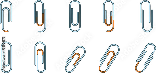 Paper Clip Icon Set with Minimal Office Stationery Designs in Different Angles and Styles for Document, Attachment, and Workplace Graphic Use