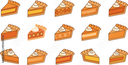 Pumpkin Pie Slice Icon Set with Whipped Cream Toppings, Sweet Dessert Variations for Bakery, Thanksgiving, Autumn Menu, and Food Illustration Design