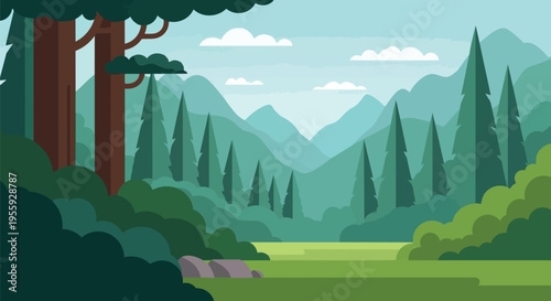 Flat design forest landscape with majestic pines, distant mountains, and a serene meadow under a cloudy sky. This vibrant natural scene depicts