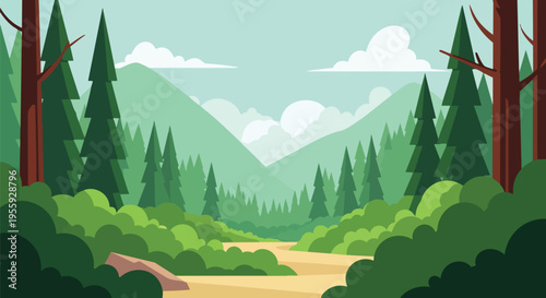 Serene Cartoon Forest Landscape with a Winding Path Through Lush Greenery and Majestic Mountains Under a Clear Blue Sky. Ideal for Nature-Themed