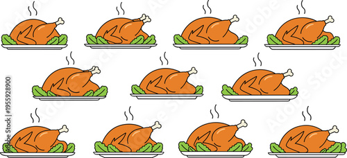 Roasted Turkey Dinner Vector Set with Steaming Whole Poultry and Garnish for Thanksgiving Feast, Holiday Food Menu, and Seasonal Design Projects