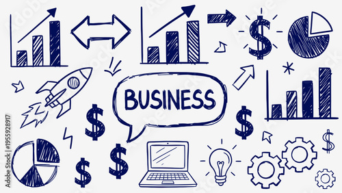 A vibrant abstract graphic illustrates business concepts with various symbols.