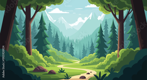 A picturesque hiking trail meanders through a vibrant emerald forest, leading towards majestic jagged peaks under a serene blue sky, inviting