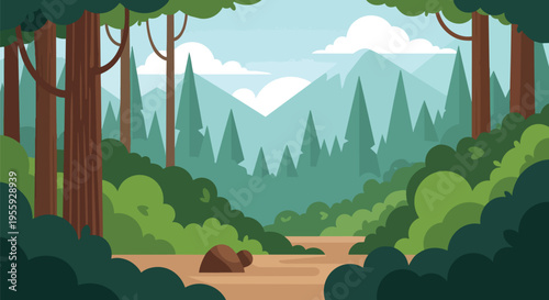 A vibrant flat design illustration of a calm forest landscape with towering trees abundant green foliage a winding dirt path and majestic mountains
