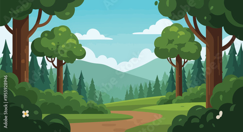 An enchanting forest landscape with a winding trail inviting peaceful exploration through vibrant green trees, rolling hills, and a clear blue sky