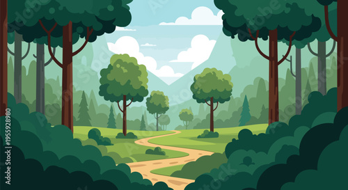 Lush cartoon forest pathway winding through vibrant green meadows beneath a bright blue sky