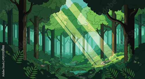 Enchanted forest scene with dappled sunlight streaming through vibrant green trees and lush foliage creating a serene and captivating natural