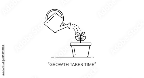 Plant Growth Concept: Watering Can Nurturing Young Sprout in Pot, Symbolizing Time and Care