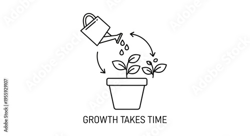 Plant Growth Concept: Watering Can Nurturing Seedling in Pot, Time and Patience Symbol
