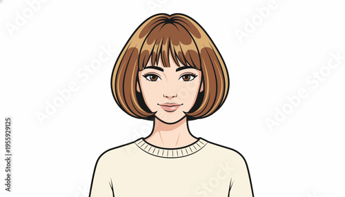 Portrait of a young woman with a bob haircut and bangs, smiling gently, isolated on white background