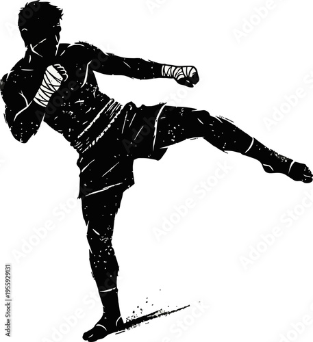Kickboxing low leg kick silhouette with a gritty urban style. High impact combat pose for fight night promotions and martial arts training ads