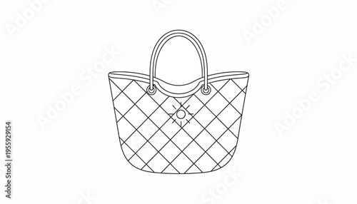 Quilted Tote Bag Outline, Fashion Accessory Line Art, Minimalist Handbag Sketch