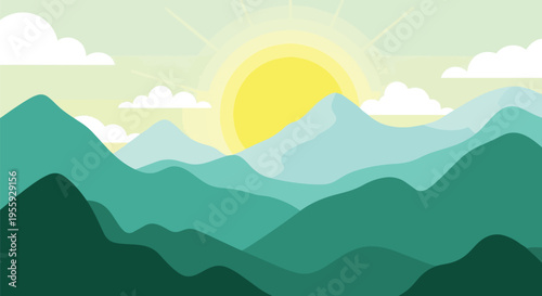Vibrant mountain range panorama at sunrise with layered peaks and peaceful sky
