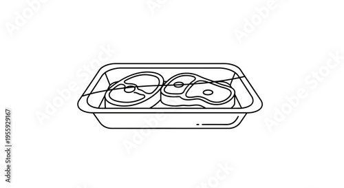 Raw Meat Steaks in Plastic Tray Packaging, Top View Line Art Illustration