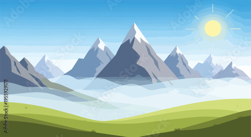 Stylized landscape illustration with majestic mountains emerging from misty clouds. Green hills below. Bright sun in blue sky, conveying serene