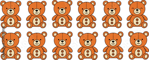 Teddy Bear Toy Icon Set with Cute Plush Characters in Cartoon Style for Kids, Baby Products, Nursery Design, and Childhood Illustration Projects