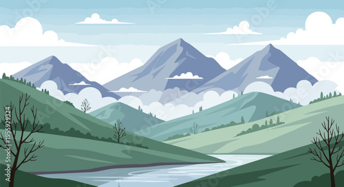 Stylized tranquil mountain river landscape with serene hills and cloudy skies vibrant vista