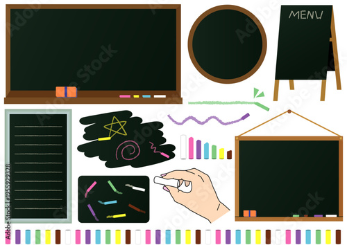 黒板とチョークの手描き風セットイラスト（学校・教育素材）