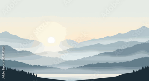 Minimalist vector illustration depicting a serene mountain lake at sunrise, with layered misty peaks and a peaceful atmosphere