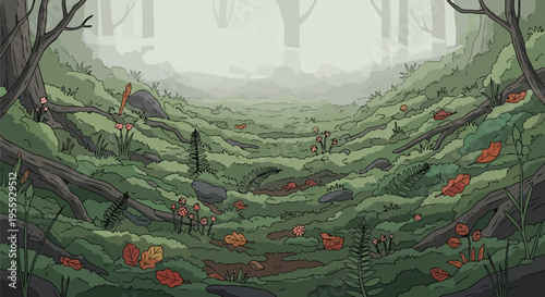 A stylized forest floor, rich with verdant moss, gnarled roots, scattered autumn leaves, and delicate mushrooms, gently recedes into a misty,