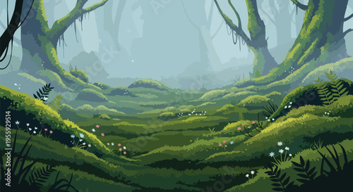 Pixelated forest with mossy trees, verdant hills, and small blossoms in a hazy, tranquil setting