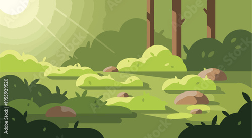Stylized woodland landscape bathed in golden sunlight, featuring various green bushes, sturdy tree trunks, and smooth rocks, evoking a calm and