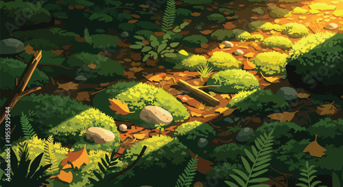 A captivating forest floor bathed in intricate patterns of golden sunlight, showcasing verdant moss, ancient stones, and scattered autumnal leaves,