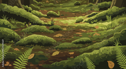 Deep woodland ground covered in rich, undulating emerald moss and delicate ferns, a sun-dappled earthy path winding through ancient, silent trees