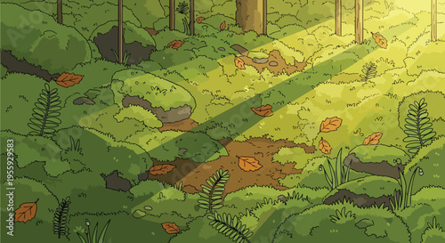 An enchanting illustrative scene capturing dappled sunbeams penetrating a vibrant forest floor, highlighting moss-covered stones, scattered leaves,