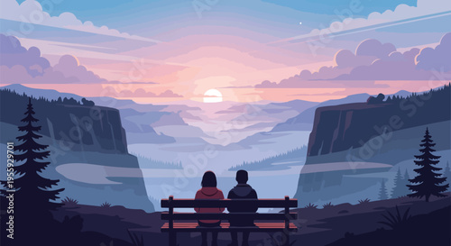 Serene evening vista with a couple observing the tranquil sunset over vast valleys and mountains.