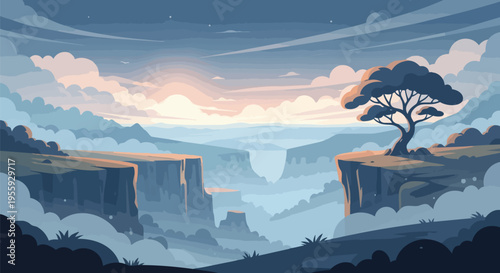 Serene canyon vista at dawn with a solitary tree overlooking expansive misty valleys and a pastel sky