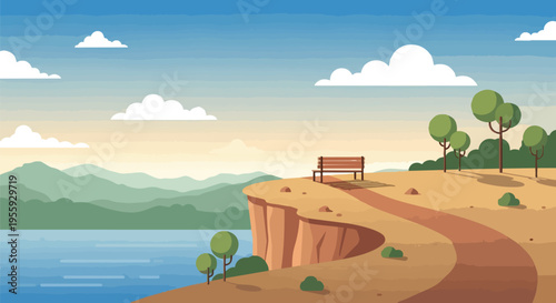 Panoramic vista of a tranquil riverside cliffside offering an empty bench for serene contemplation overlooking distant majestic mountains under a