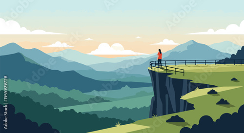 Figure on cliff edge surveying vast layered mountains and lush valleys under a tranquil sky evoking peace and natural beauty a serene illustration