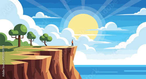 Solitary figure stands on a sun-drenched cliff overlooking the boundless ocean at dawn a peaceful moment appreciating nature's grandeur and a new