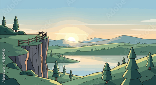 Peaceful animated landscape featuring a serene lake, verdant rolling hills, a sun-drenched sky, and a quaint cliffside fence, evoking tranquil