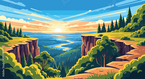 Vivid illustration of a majestic river valley at dawn with dramatic cliffs and dense evergreen forests under a radiant sky a pristine natural vista