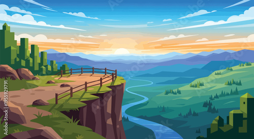 Vibrant valley vista with abstract city and winding river under a colorful sunrise sky creating a serene dawn panorama