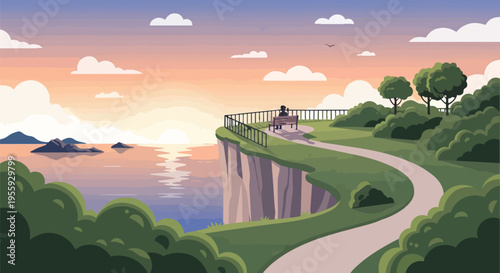 A lone figure observes a vibrant sunset over tranquil waters from a serene cliffside park pathway