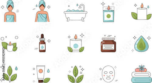 Spa and wellness icons set with candles bath oils skincare and relaxation elements, self care collection vector illustration