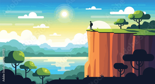 A lone traveler stands on a dramatic cliff, gazing at a vast, beautiful natural landscape featuring a calm lake, layered mountains, and a radiant