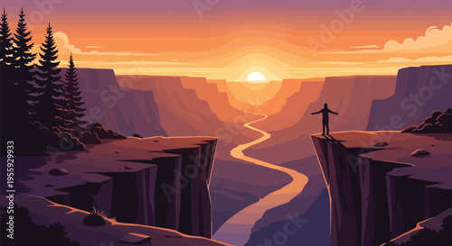 Majestic canyon landscape at golden hour with a lone explorer overlooking the serpentine river below