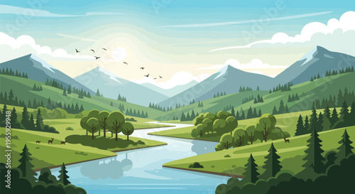 Vibrant Nature Scene: River Flowing Through Forested Mountains with Grazing Deer and Birds