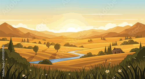 A picturesque rural landscape at golden hour, featuring a winding river flowing through vibrant fields, majestic mountains, and a secluded cabin